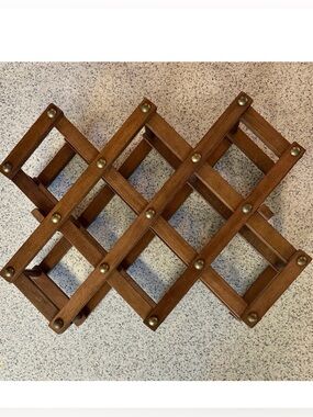 Vintage 70s Wooden Folding Accordion Style Wine Rack with Brass Nails.